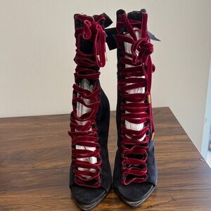 D. Squared black velvet lace up booties with peep toe